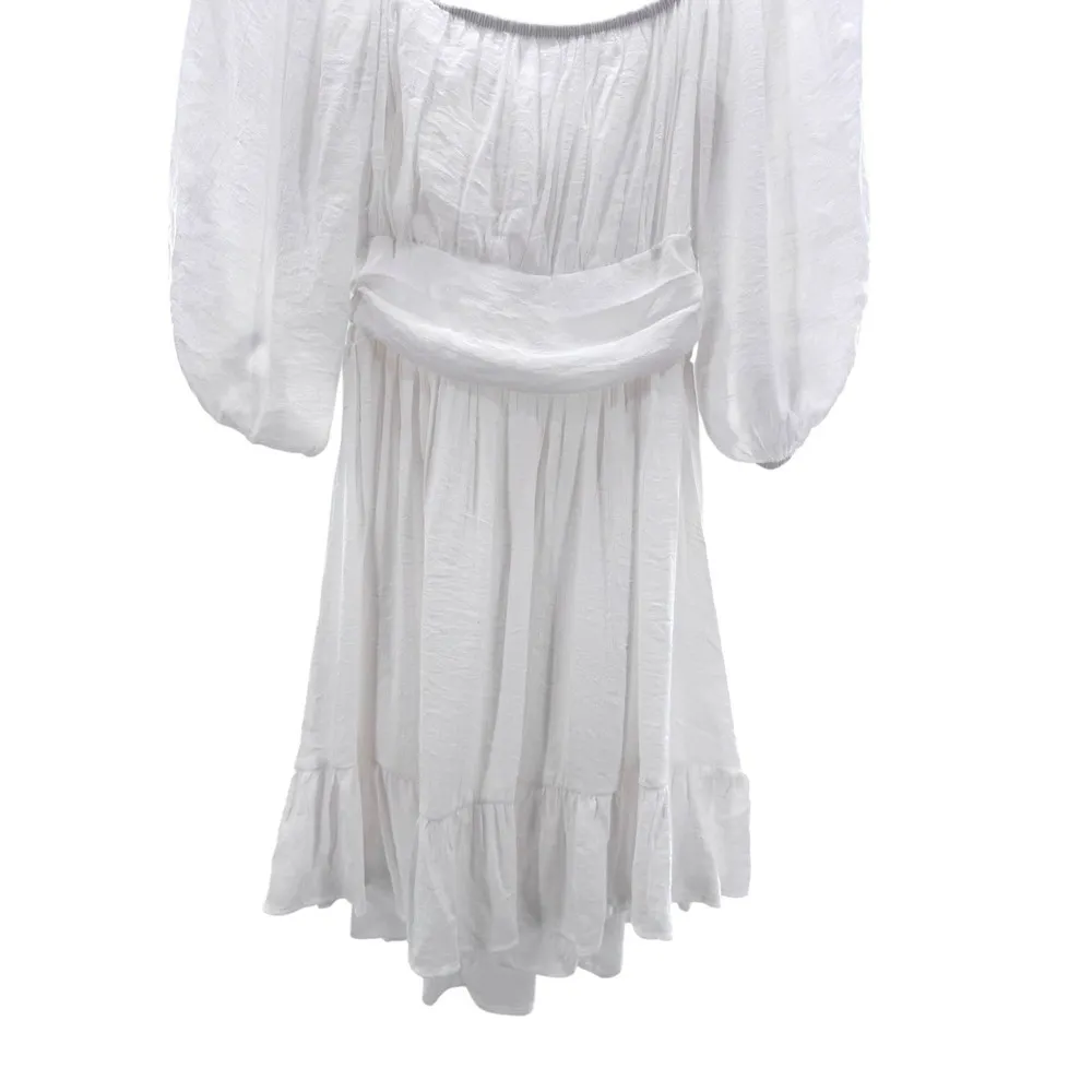 White Puff Sleeve Tie Back Ruffle Hem Mini Dress Medium Coastal Cowgirl Romantic - Image 3