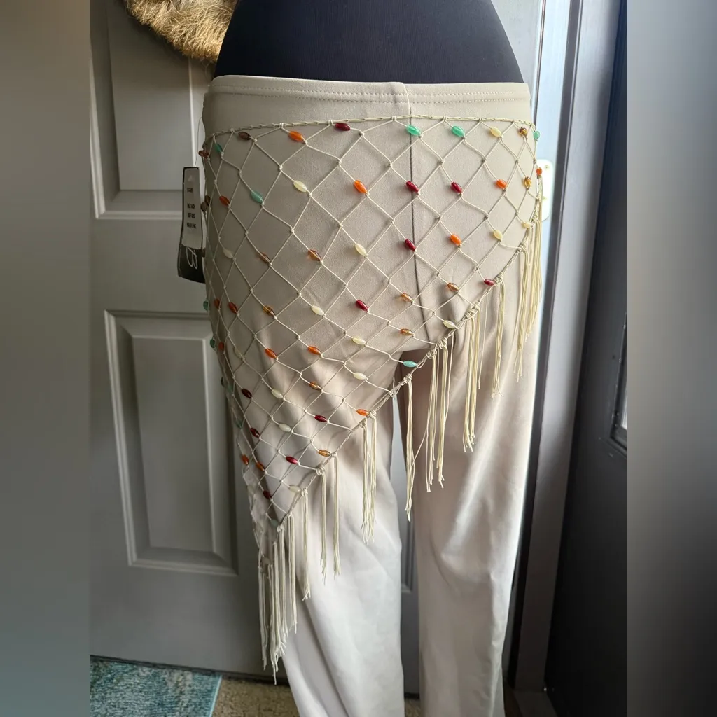 Vintage Y2K Joey B bootleg knit beaded scarf pants, size large Tan - Image 4