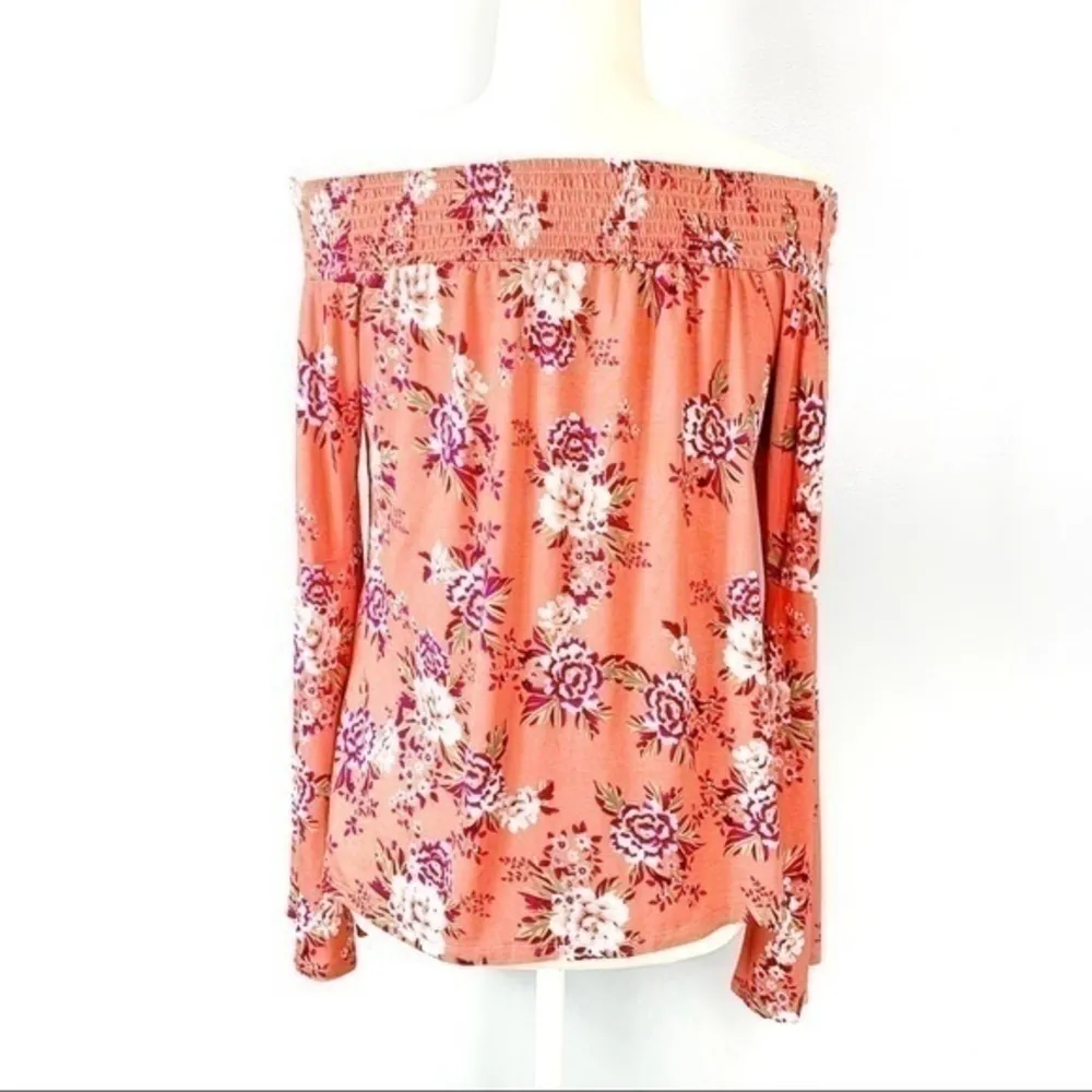 Ultra Flirt NEW Coral Floral Off Shoulder Peasant Sleeve Blouse Top Size M - Image 4