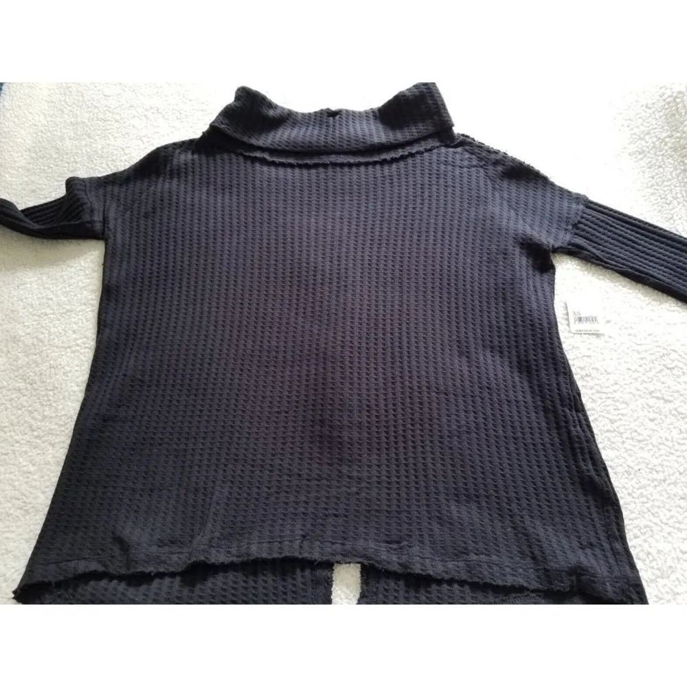 Free People Juicy Long Sleeve Black Waffle Knit Cowl Neck Size XS - Image 6