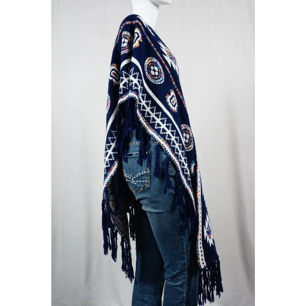 HIPSTER ROW Blue Long Sweater Tribal Aztec Poncho ONE SIZE Size undefined - Image 8