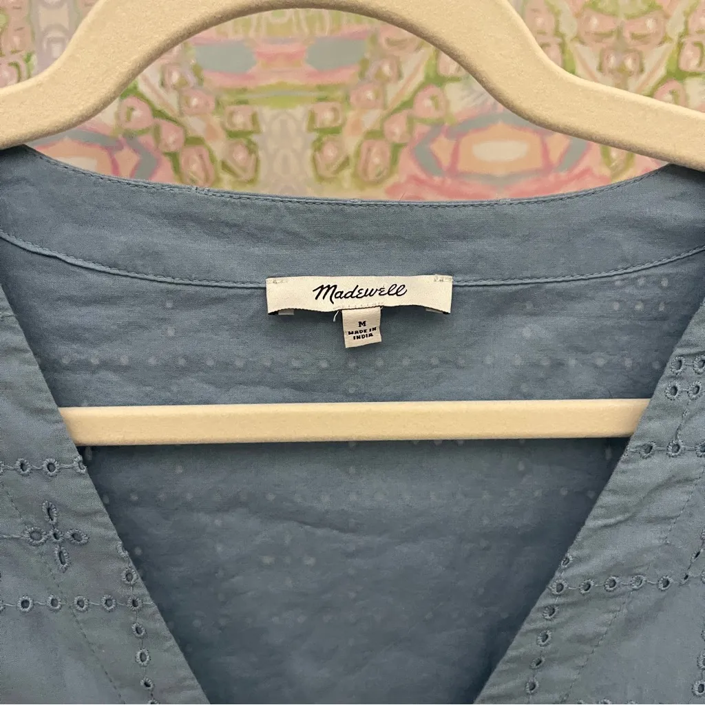 Madewell blue eyelet Button-Front V-Neck Mini Dress short sleeve tranquil lake - Image 3