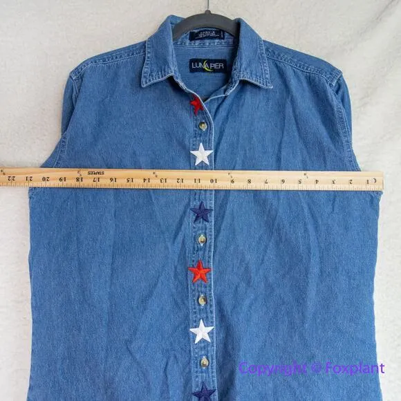 Vintage Luna Pier *stained" long sleeve jean shirt Independence Day,‎ size M Blue Size M - Image 9