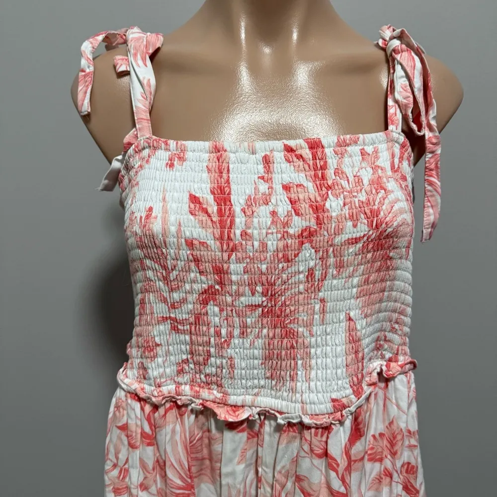 Torrid Smocked Midi Dress Peach Pink White Tropical Floral Dress 1 Spring - Image 6