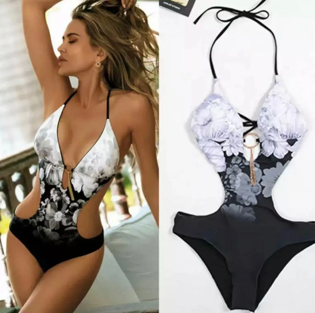 Women One Piece Swimsuit White Size L - Image 3