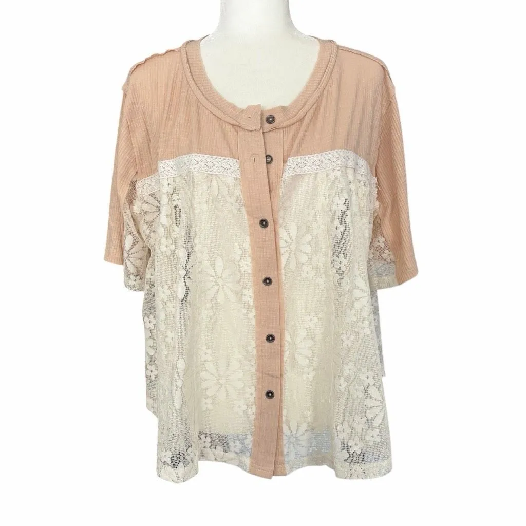 POL Lace Button Up Short Sleeve Shirt Cream Blush Small - Image 2