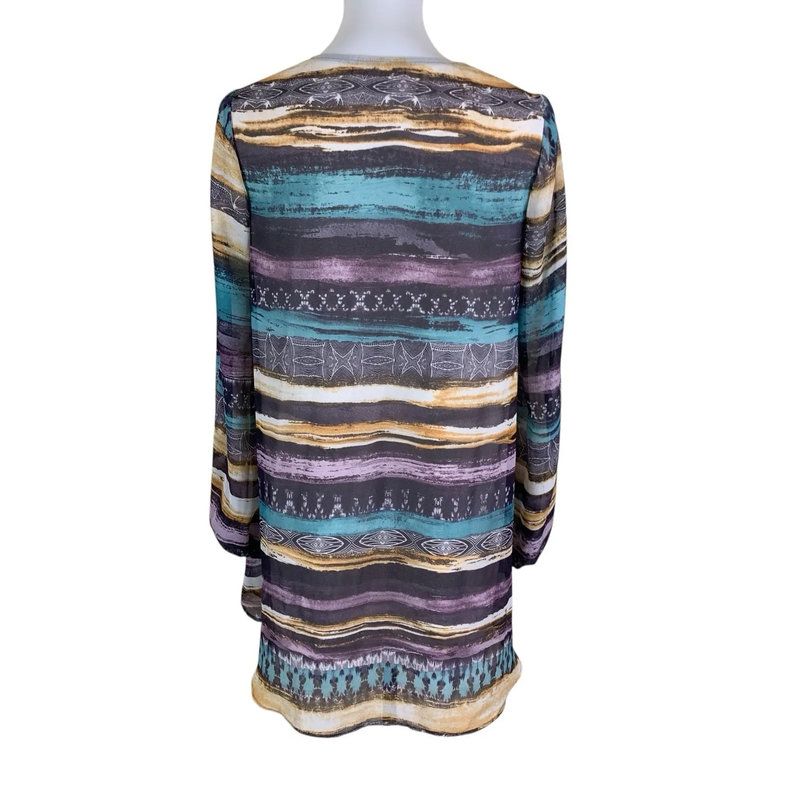 Lavender Brown Abstract Stripe Swing Dress V Neck Long Sleeve Boho XS - Image 4
