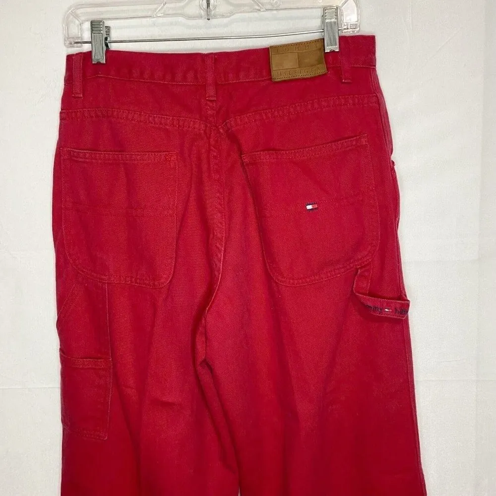 Vtg Tommy Hilfiger Red High Waisted Straight Carpenter Jeans Sz 10 (30x29) Y2K - Image 5