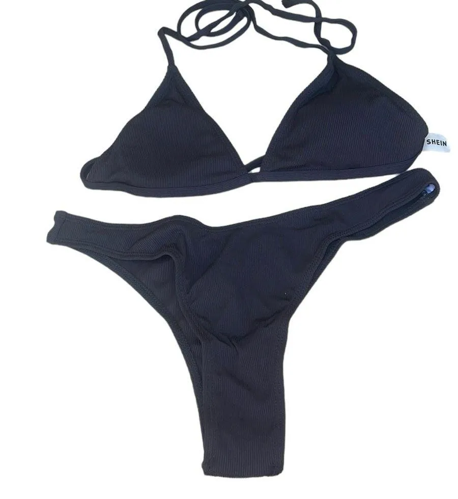 Shein black 2-piece bikini swimsuit triangle top size large NWOT - Image 7