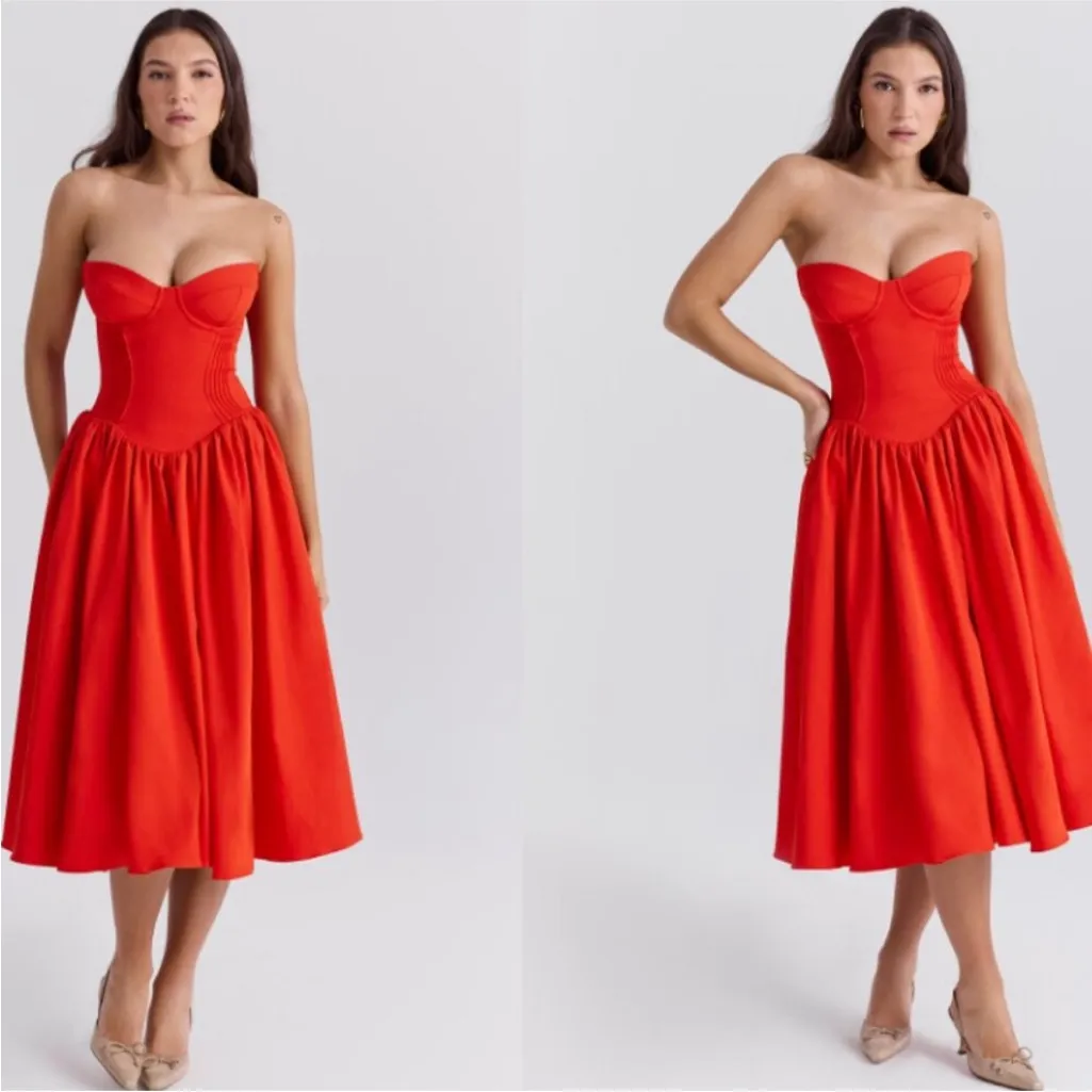 HOUSE OF CB‎ 'Elizabeth' Italian Tomato Strapless Midi Sundress NWOT - Image 11