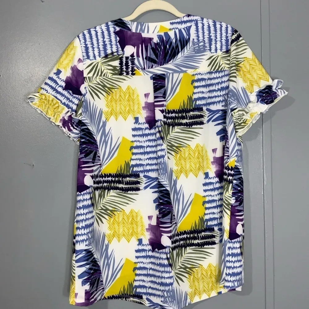 Chico’s Costa Collage Short Ruffle Sleeve Tunic Blouse Amparo Blue Pattern Med - Image 7