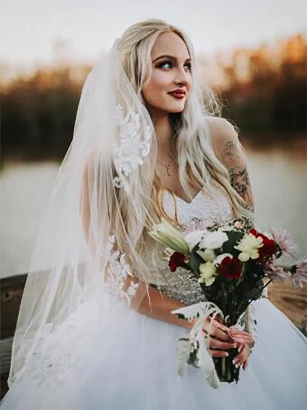 Wedding Veil Hip Length Veil Lace Edge 1T 60" Soft Tulle Bridal Veils with Comb (White) - Image 3