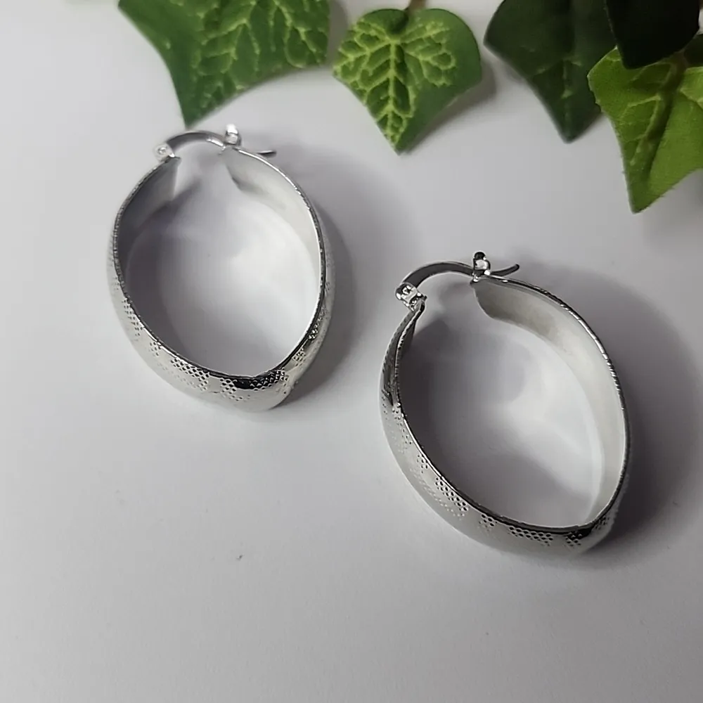 White Gold Wide Oval Hoop Earrings Greca / Greek Key Design Silver - Image 2