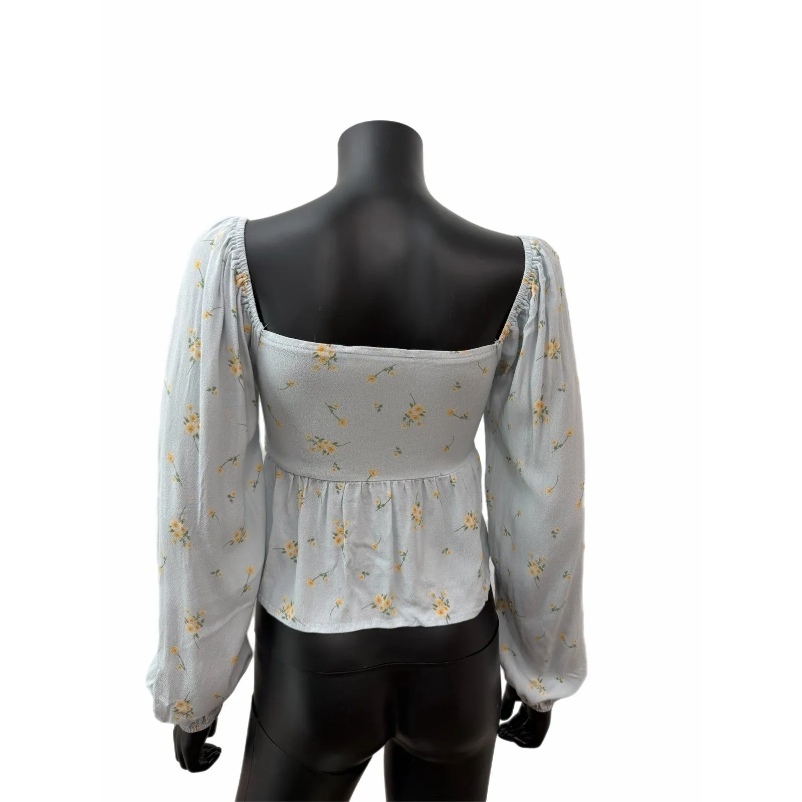 Sophie Rue‎ Blue Floral Smocked Peplum Blouse Size S Puff Long Sleeve - Image 2