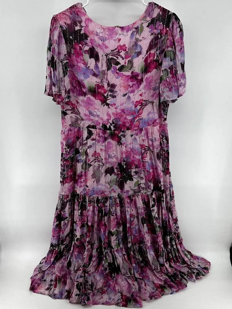 Soft Surroundings Santhia Dress Maxi Floral Pleated Tiered Flutter Sleeve Pink M - Image 5