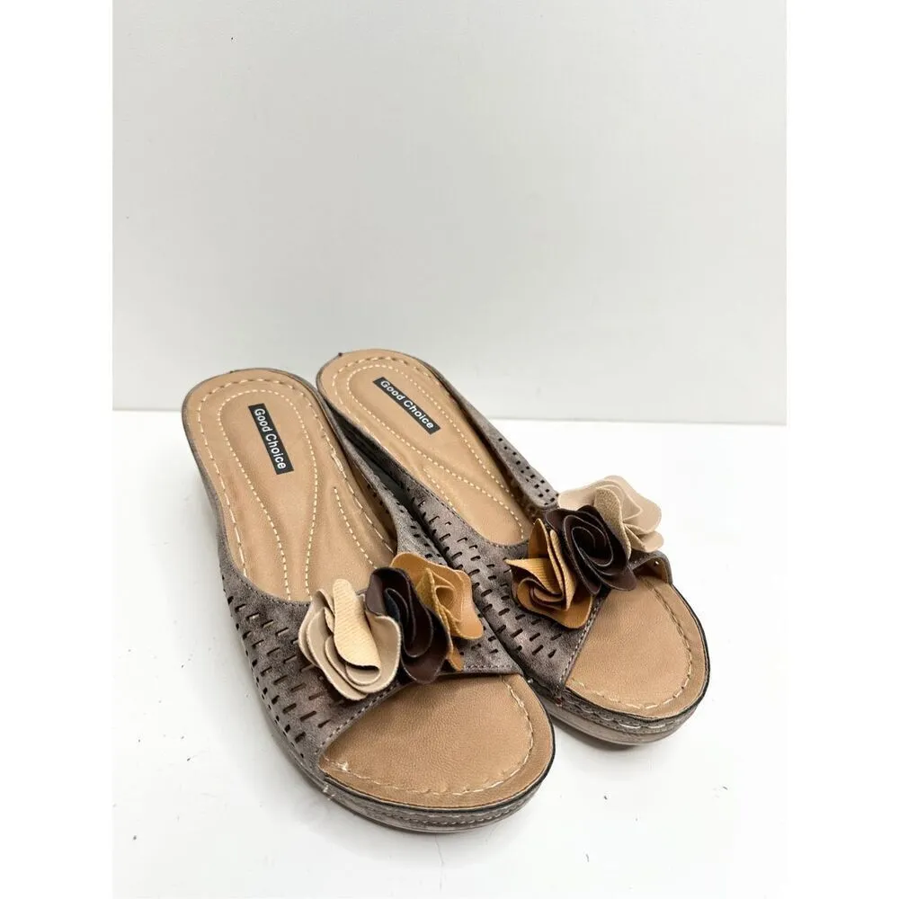 Good Choice Womens Size 8 Peep Toe Floral Casual Wedged‎ Juliet Sandals New Tan - Image 2