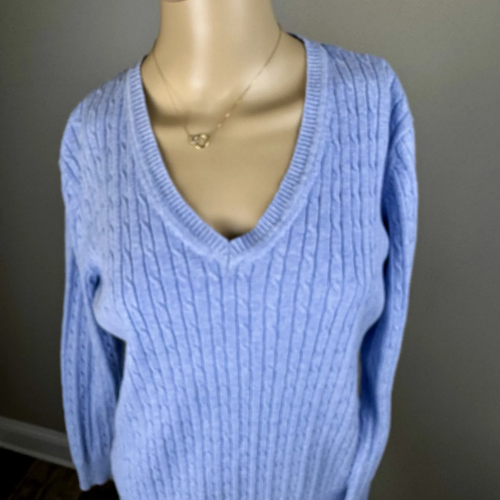 KIM ROGERS Sz M Blue 100% Cotton Pullover V-Neck Sweater Top Cable-Knit - Image 2