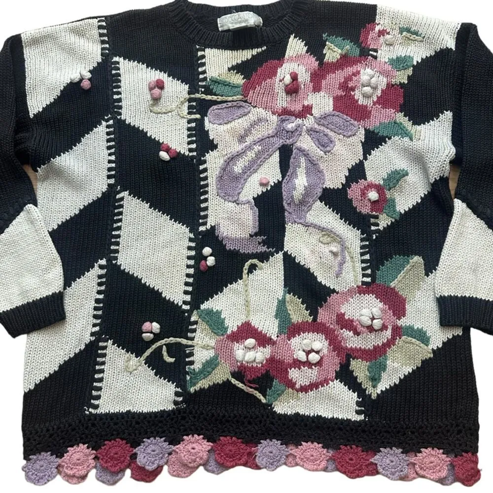 Rebecca Stone Vintage Floral Crochet Sweater Size Large Black - Image 4