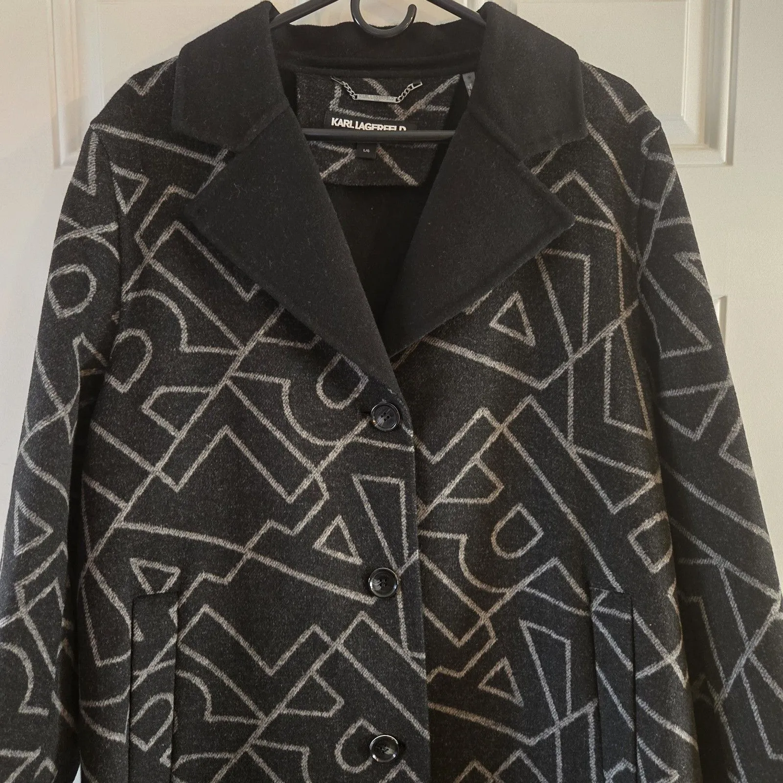 Karl Lagerfeld Paris Wool Blend Long Coat Black Gray Logo Print Size Large NWT - Image 2