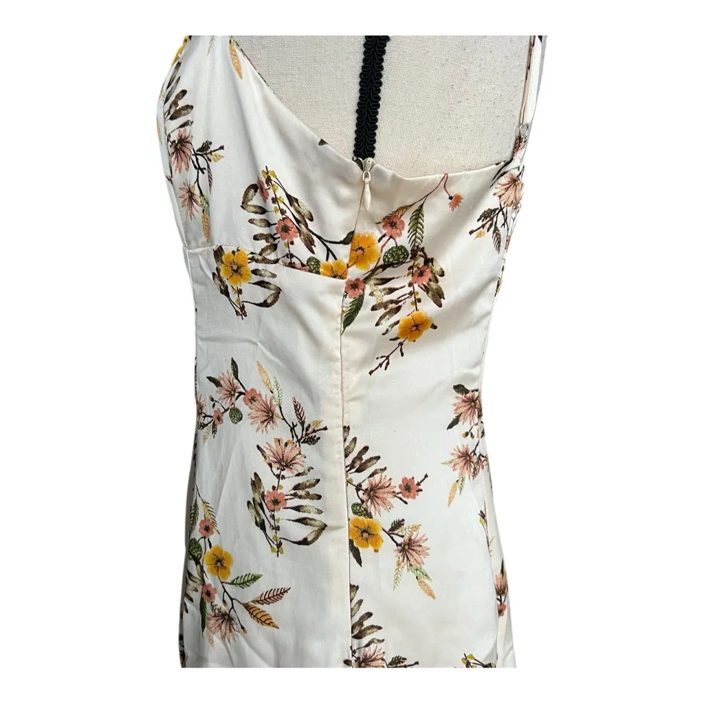 Storia Floral Satin Mini Dress Cream with Yellow & Pink Blooms Size L - Image 7