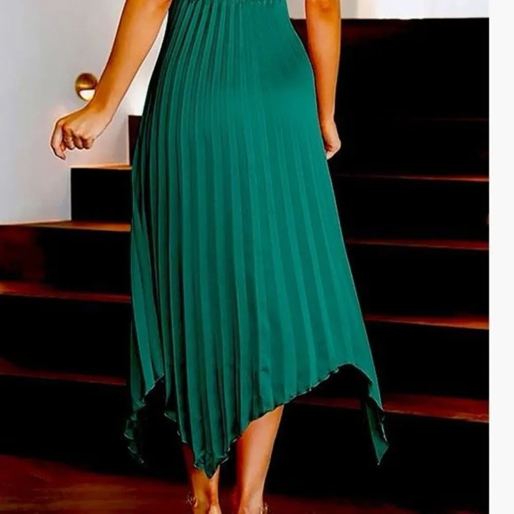 ✨Women Midi Dresses Green Sleeveless Halter Irregular High Waist Sz L Sundress✨ Size L - Image 5