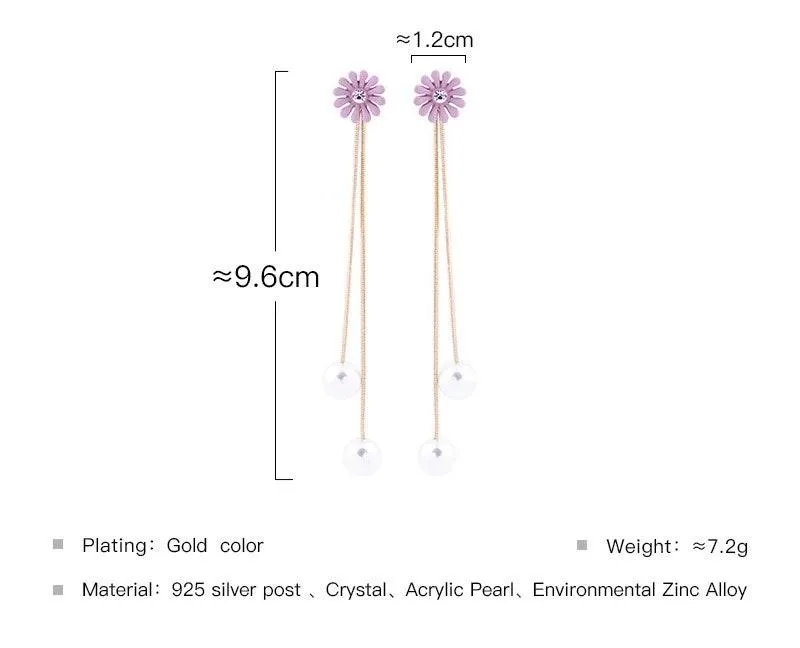 Daisy Flower Pearl Drop Stud Earrings Purple - Image 4