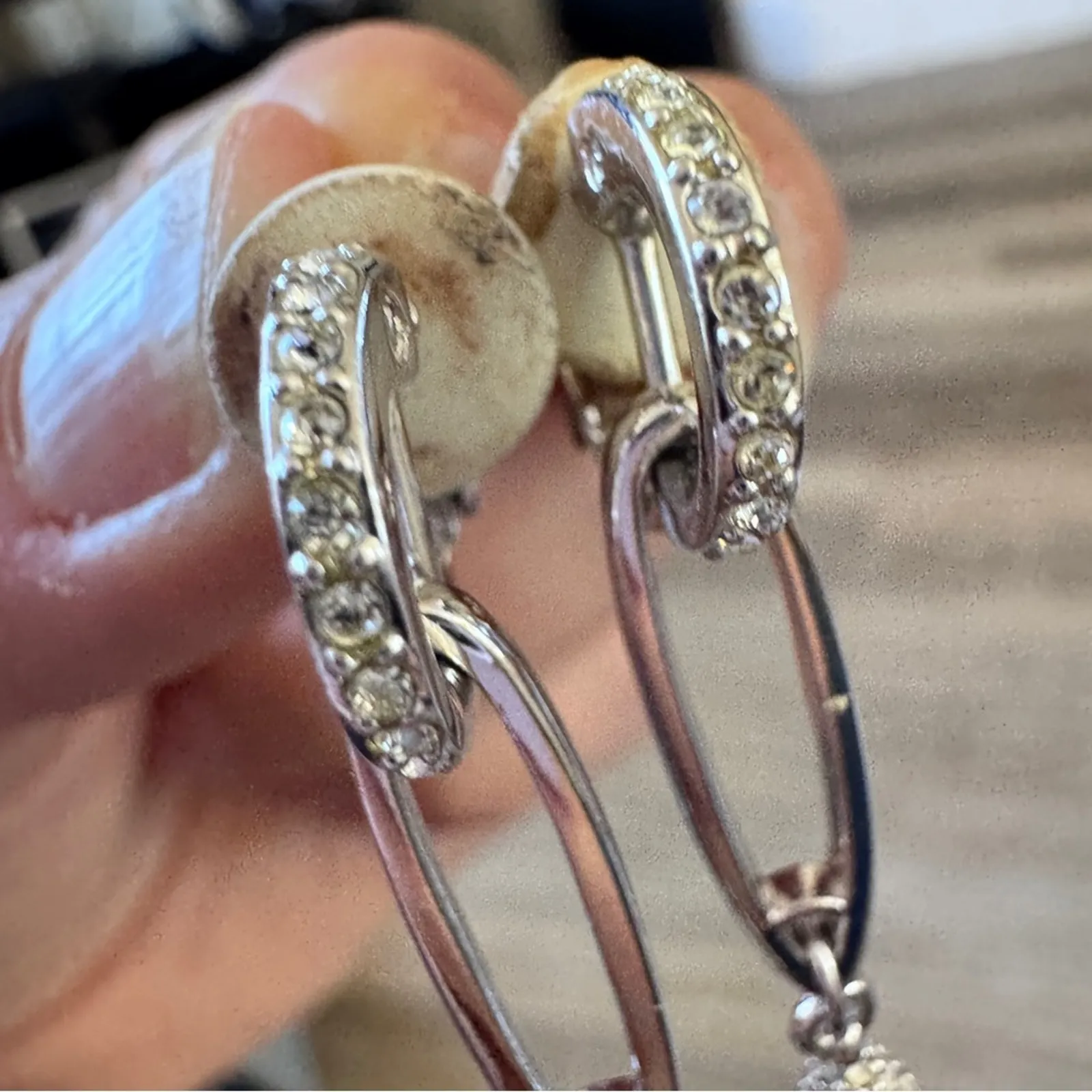 Swarovski Silver Tone Rhinestone Vintage Clip On Earrings Dangle Drop Pauve - Image 6