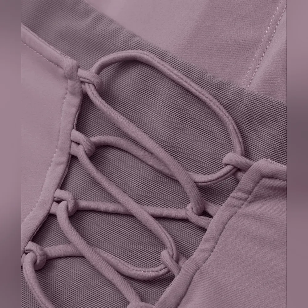 NWT Halara Softlyzero Airy Ruffle Lace Up Contrast Mesh Flare Dress Elderberry S - Image 11