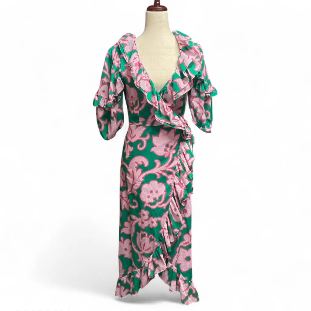 Rhode Womens Lydia Take It Easy Pink Green Floral Print Midi Wrap Dress Size XS - Image 2