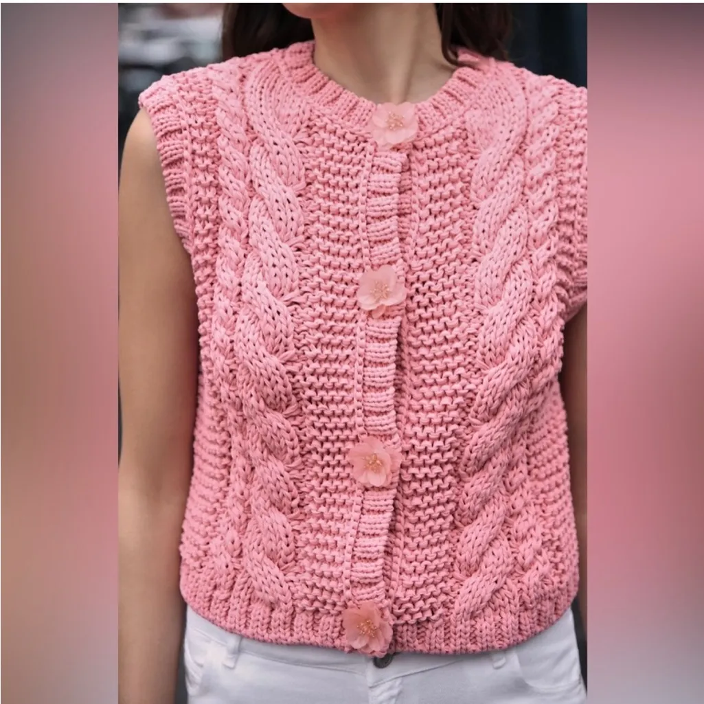 NWT Zara Pink Cable Knit Floral-Button Detail Cardigan Vest - Image 10