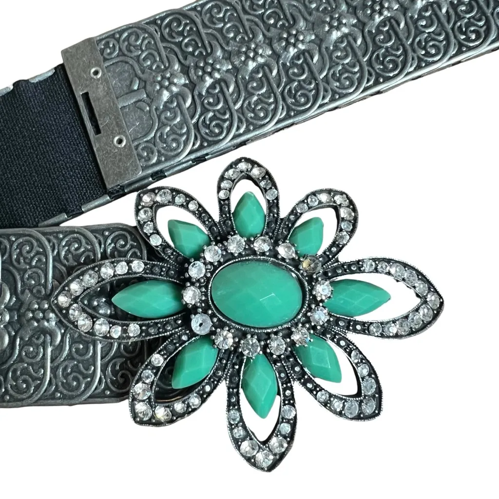 VTG 2000s Metal Stretch Statement Belt Rhinestone Flower Silver Tone Faux Jade - Image 8