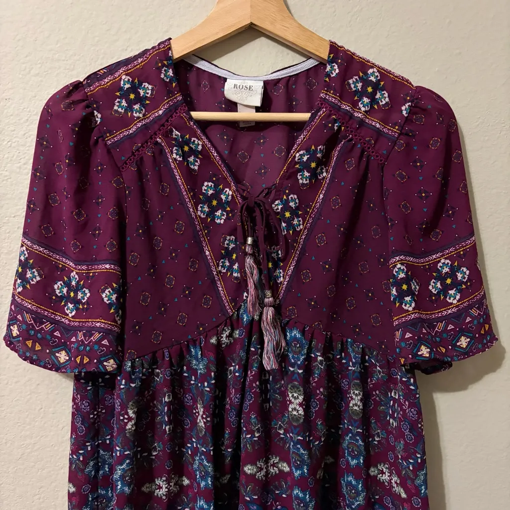 Knox Rose Floral Babydoll Tassel Blouse Lace Up Short Sleeve Multicolor Size S - Image 4