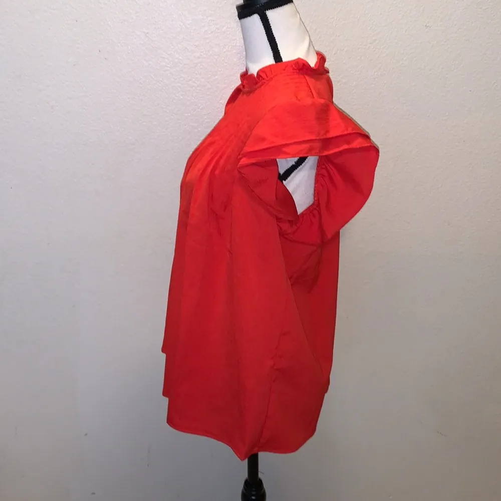 Amazon NWT  tomato red pleated mock neck ruffle sleeve blouse - Image 4
