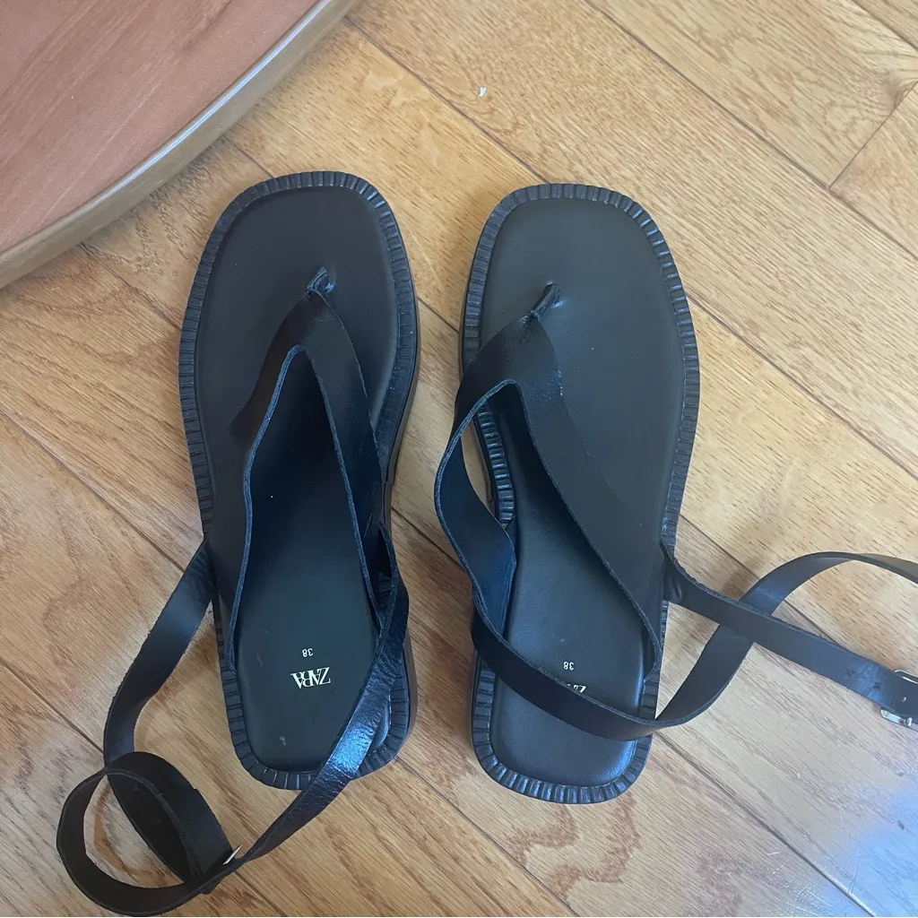 Zara Black Leather Ankle Strap Thong Sandals - Minimalist - Size 38 (US 7.5) - Image 13