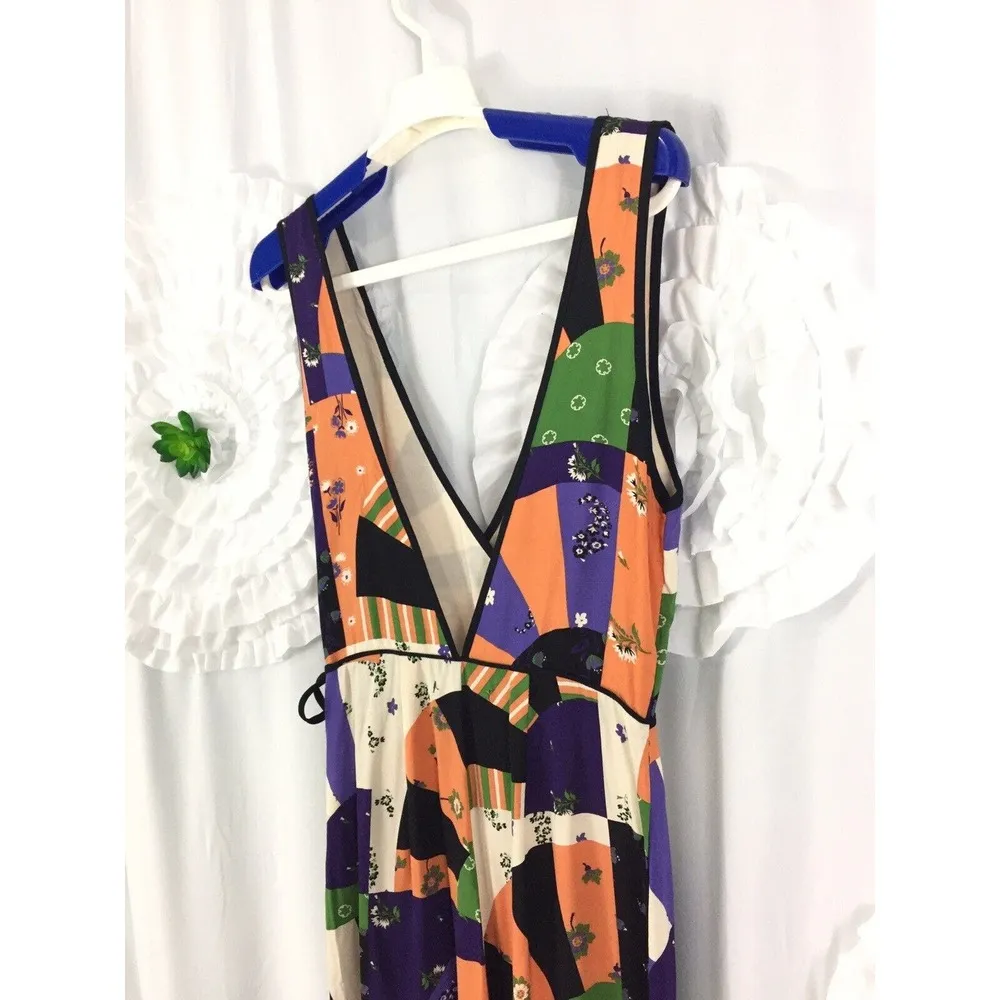 Urban Outfitters Bold Patchwork Jumpsuit Crossover Deep V Size 4 Orange Black - Image 6