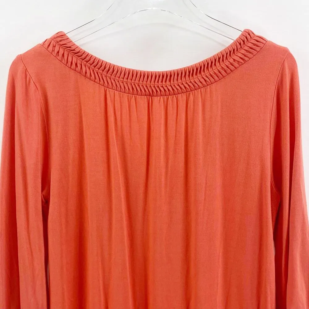 Orange Round Neck Pleated Half 3/4 Sleeve Blouse - Image 2
