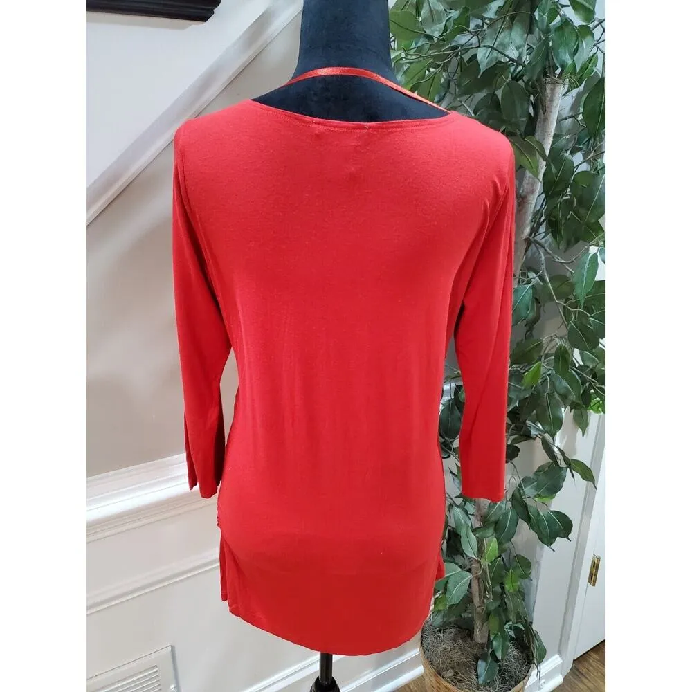 Kenneth Cole Women's Red Beaded Rayon Round Neck Long Sleeve Top Blouse Medium - Image 7