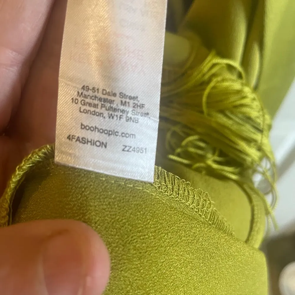 NWT PrettyLittleThing Olive Satin Bardot Tassel Hem Draped Midi Dress Sz 12 - Image 5