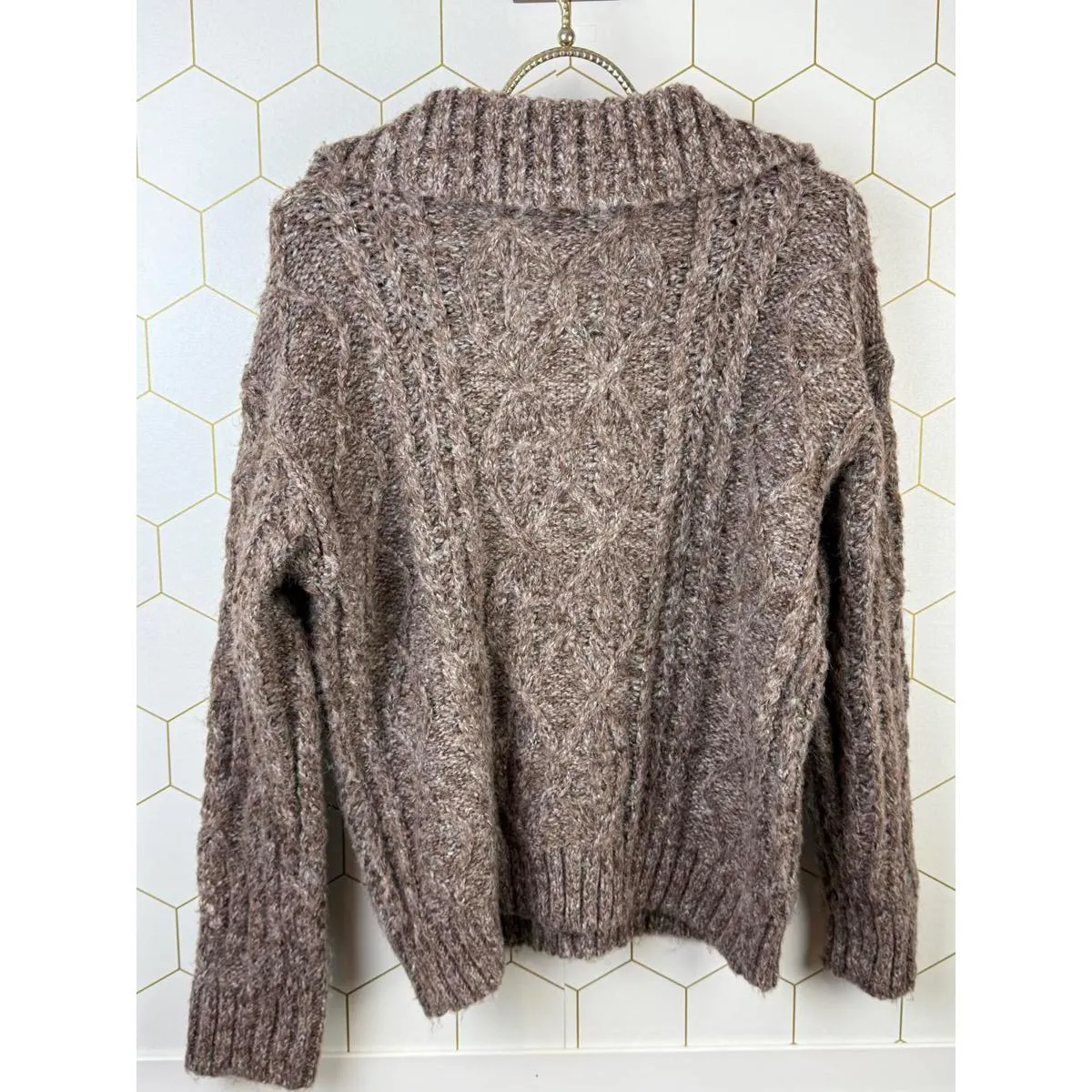 Evereve Brown Cable Knit Collar Oversized Pullover Sweater - Size - XS - Image 4