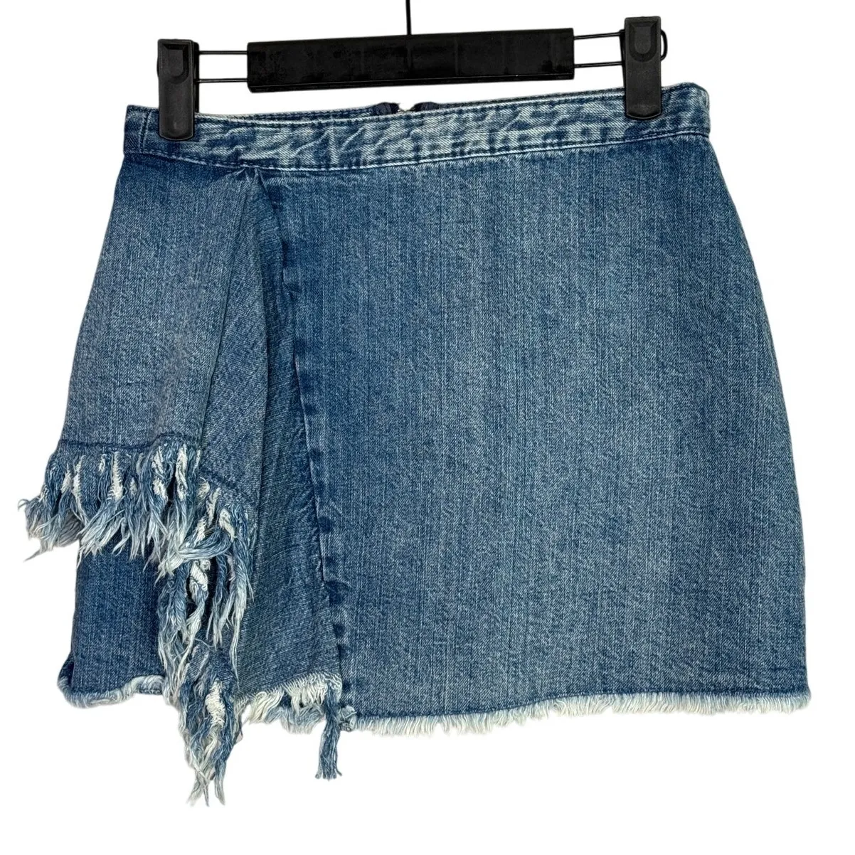 Zara Frayed Distressed Raw Hem Denim Mini Jean Skirt Zip Up Lightweight XS Blue - Image 14