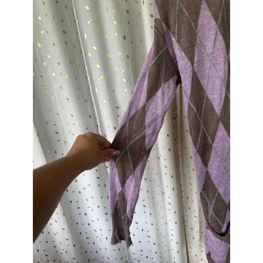 Plenty By Tracy Reese Brown Lavender Argyle Button Down Duster Long Cardigan S - Image 3
