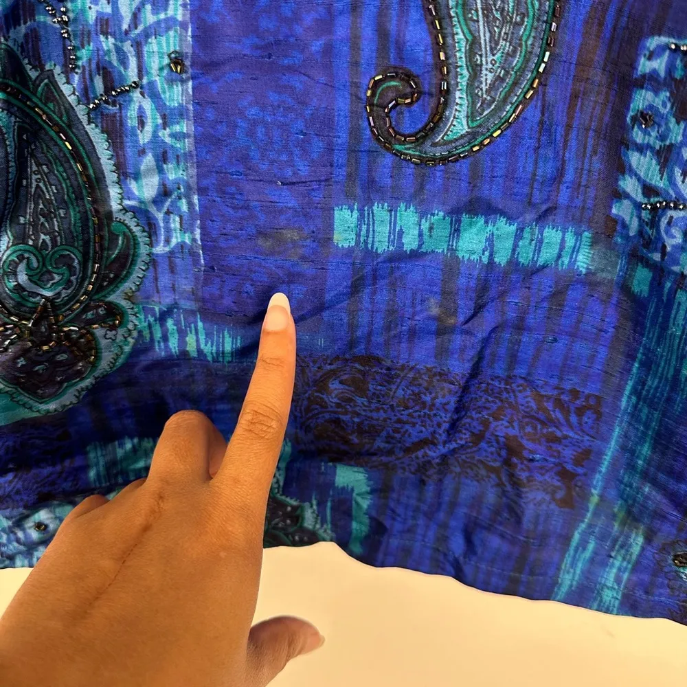 Vntg Chico's Design Silk Raw Blue Paisley Beaded Button Up Jacket Blouse Sz 1 - Image 8