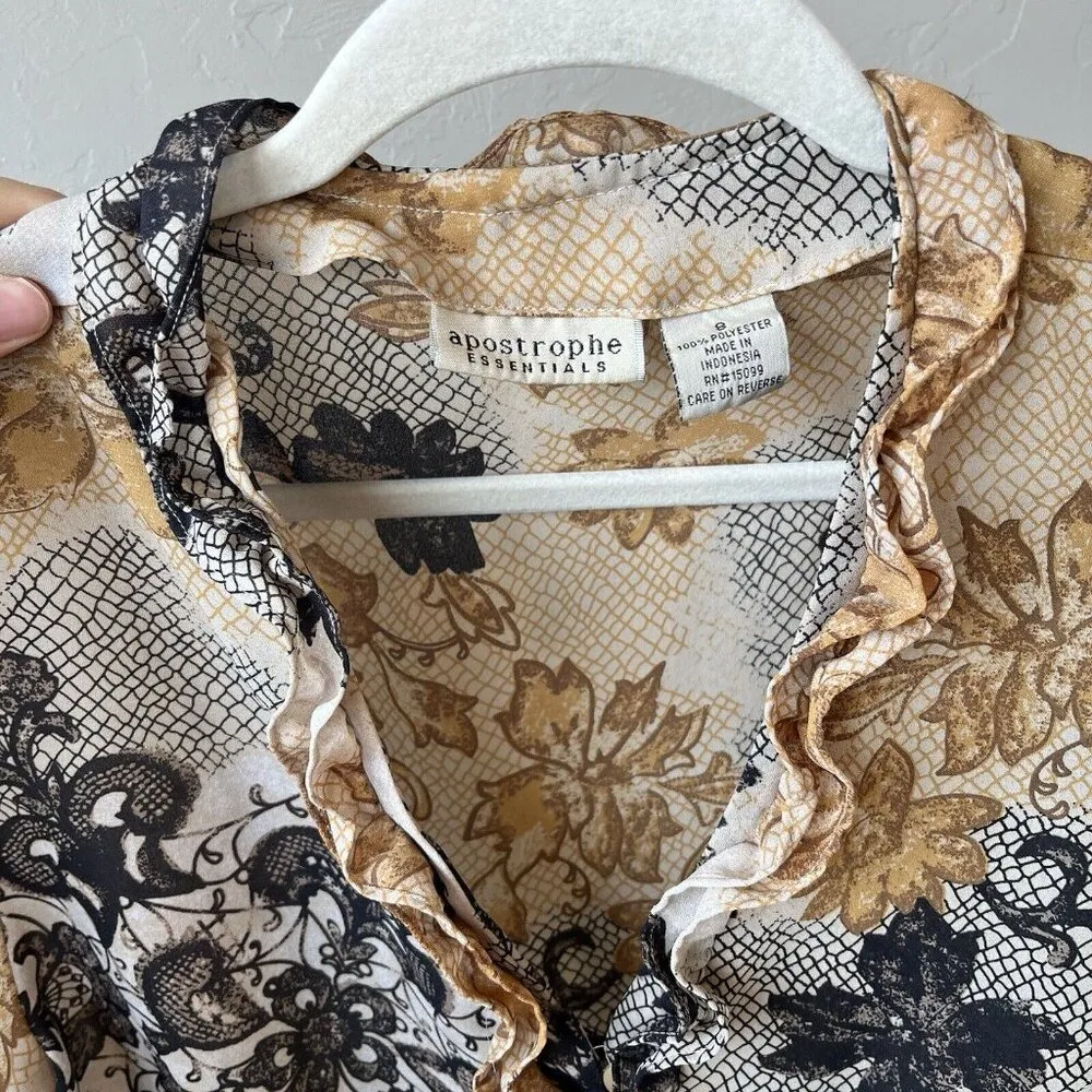 Vtg Y2K‎ Ruffle Sheer Button Up Twee Witchy Floral Boho Career work fairy retro Brown Size 8 - Image 8