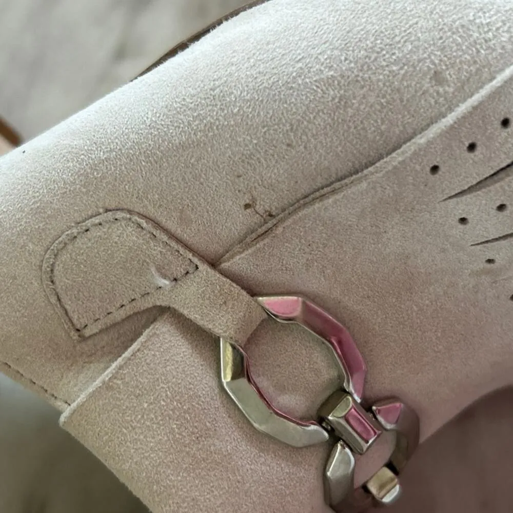 Amalfi Light Grey Suede Kiltie Ruffle Silver Buckle Slip On Heeled Mule Gray Size 8.5 - Image 4