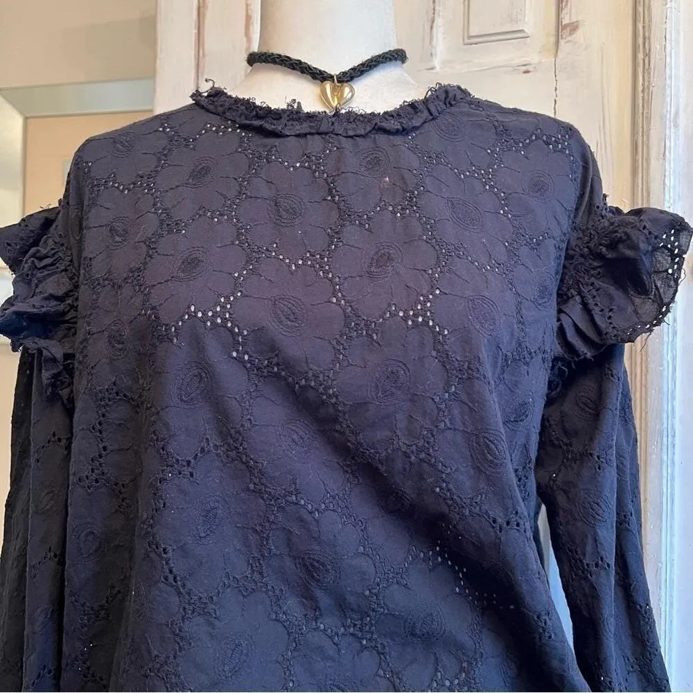 Vintage Forever 21 Black Eyelet Ruffle Blouse Romantic Goth Boho Top Size Large - Image 4