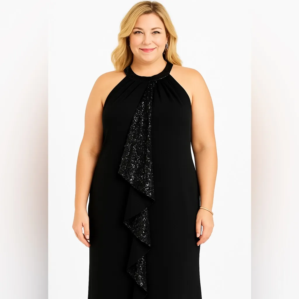 SLNY Black Sequin Halter Flounce Dress Size 18W New - Image 3