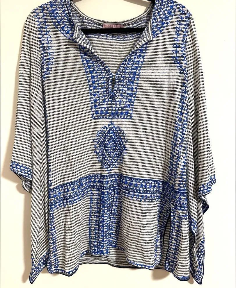 Calypso St Barth Etasa linen embroidered blue gray tunic top coverup poupette - Image 2