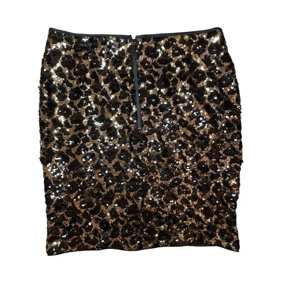 Cache’ Sequin Mini Skirt Women Small Black & Gold Leopard, Animal‎ Print Party - Image 4