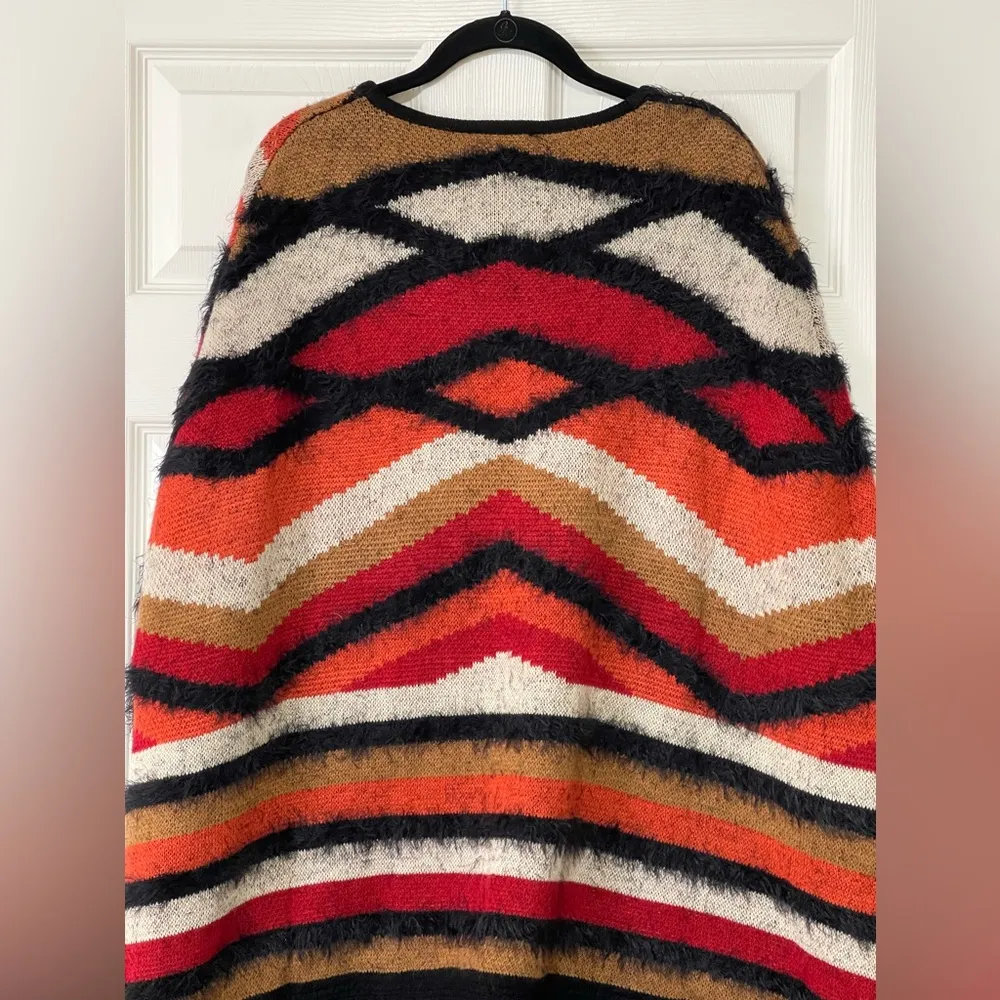 Vertigo Women's Striped Sweater Cape Poncho Burnt Orange Fringe Size S/M - Image 9