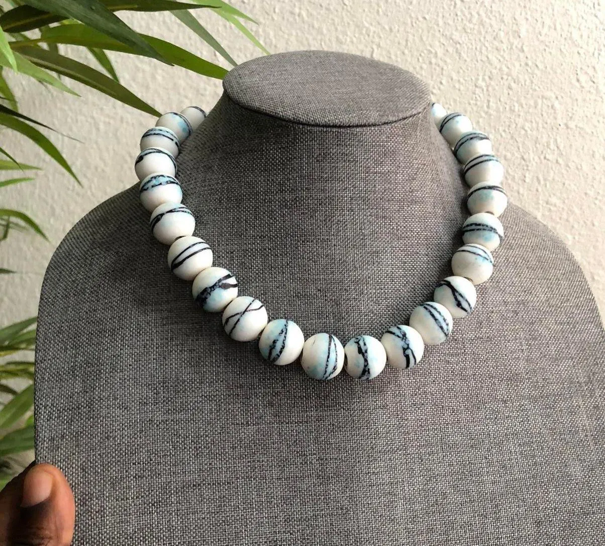 Unique White blue beaded necklace large marble oceanic surfer boho unisex custom made - Image 2